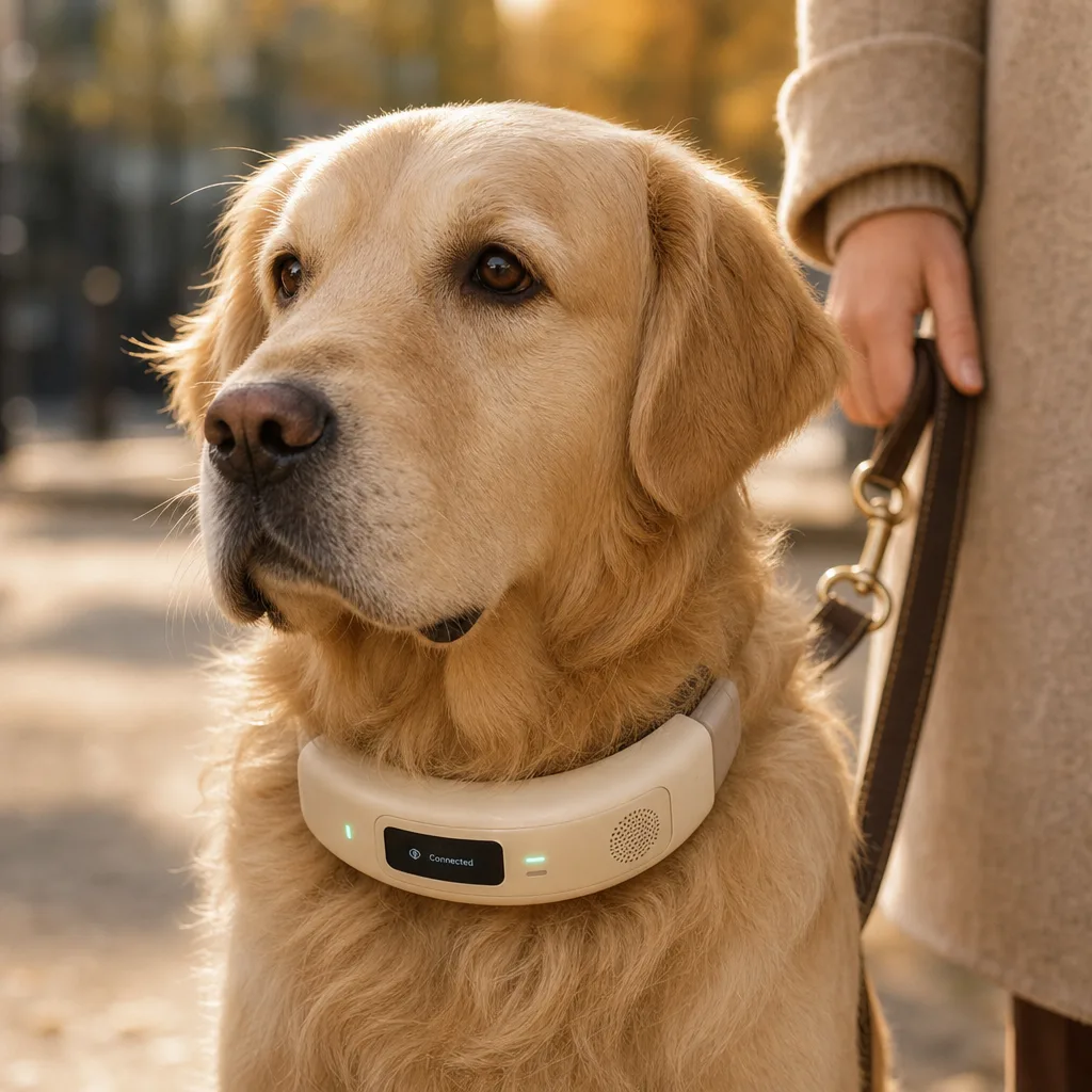 A golden retriever wearing a chunky cream smart collar with a speaker grille and indicator lights