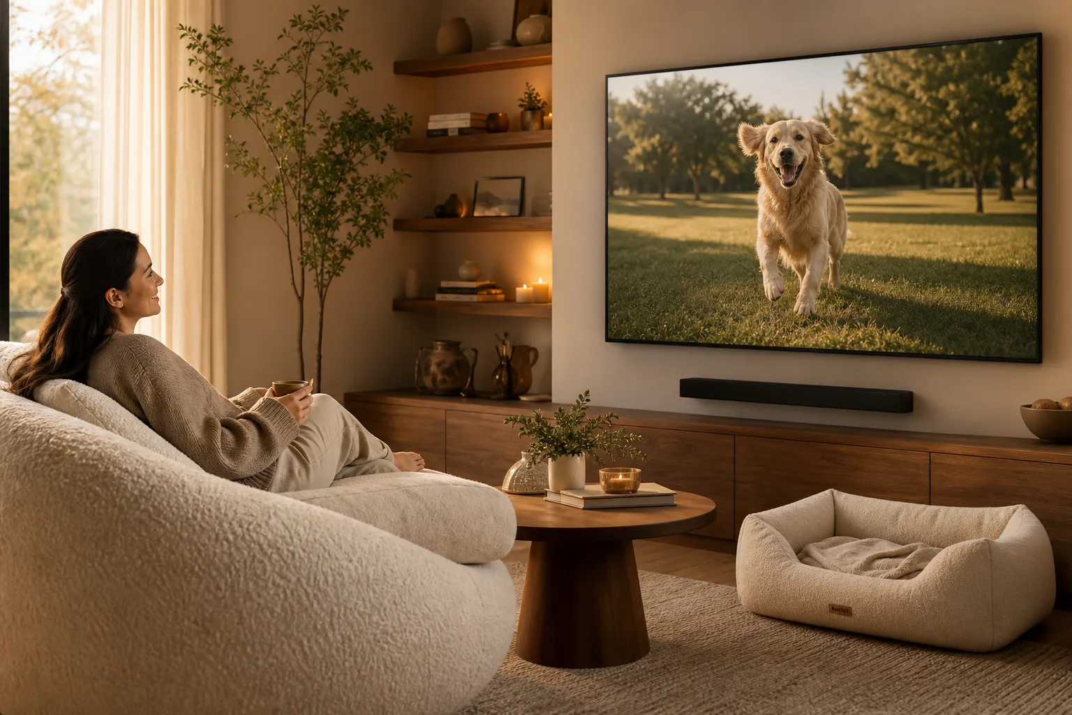A person on a sofa happily watches a highlight reel of their golden retriever on TV, next to a pristine empty dog bed