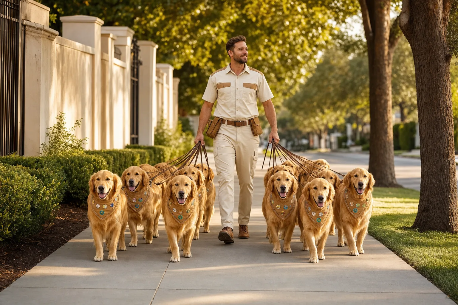 A uniformed technician walks twelve identical golden retrievers in perfect formation, all wearing sponsor bandanas