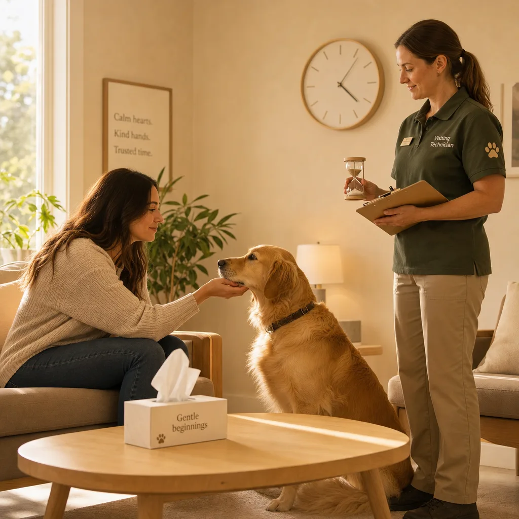A person reaches across a low table toward their golden retriever while a technician supervises with a clipboard and hourglass
